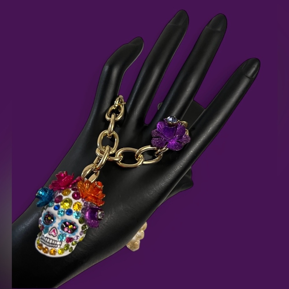 Betsey Johnson Gold Skull Pendant Necklace with Multicolor Accents - Picture 3 of 16